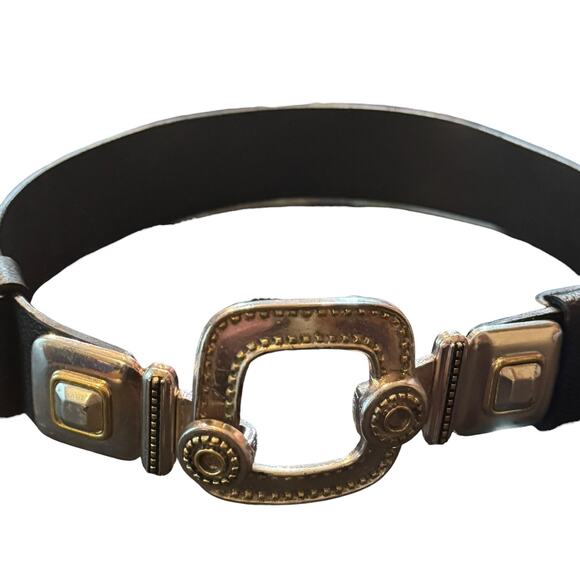 Chico's Silver Statement Belt Buckle Black Adjustable Leather M/L Belt - Picture 2 of 7